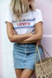 levis' t-shirt + denim skirt + straw bag