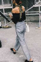 strapless t-shirt + grey pants + withe bag + shoes