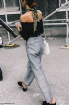 strapless t-shirt + grey pants + withe bag + shoes