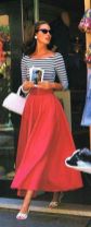 red long skirt + stripes t-shirt + withe bag